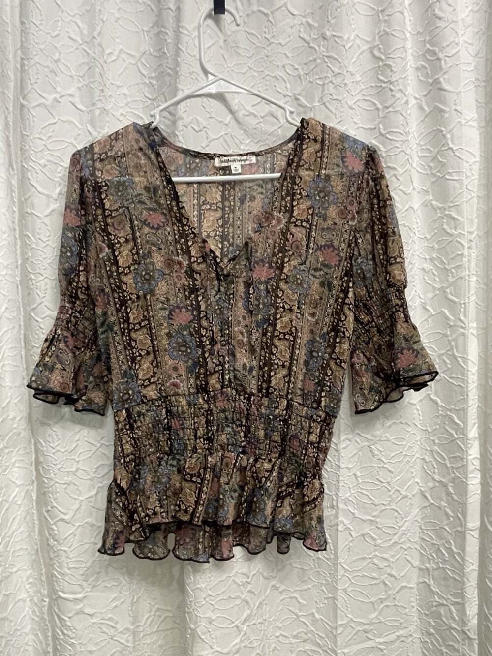 Wildflower Apparel Blouse Size M Floral Peplum Top Smocked Boho